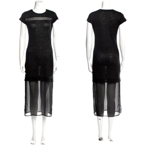 Sandro Paris Black Linen Chiffon Mesh Paneled Midi Dress Size S - Picture 1 of 14
